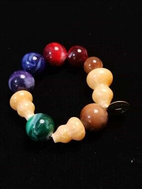 Vintage Natural Stone Stretch Bracelet Multicolor Gemstone Beads Coin Charm